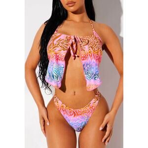 New‎ Small Fashion Nova Animal Print Pink Purple Neon Open Front Swimsuit Bikini